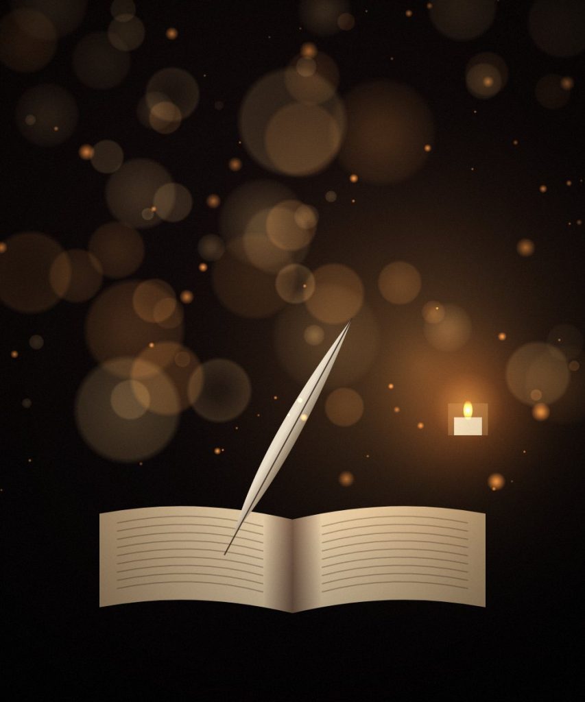 Open book, quill and candlelight