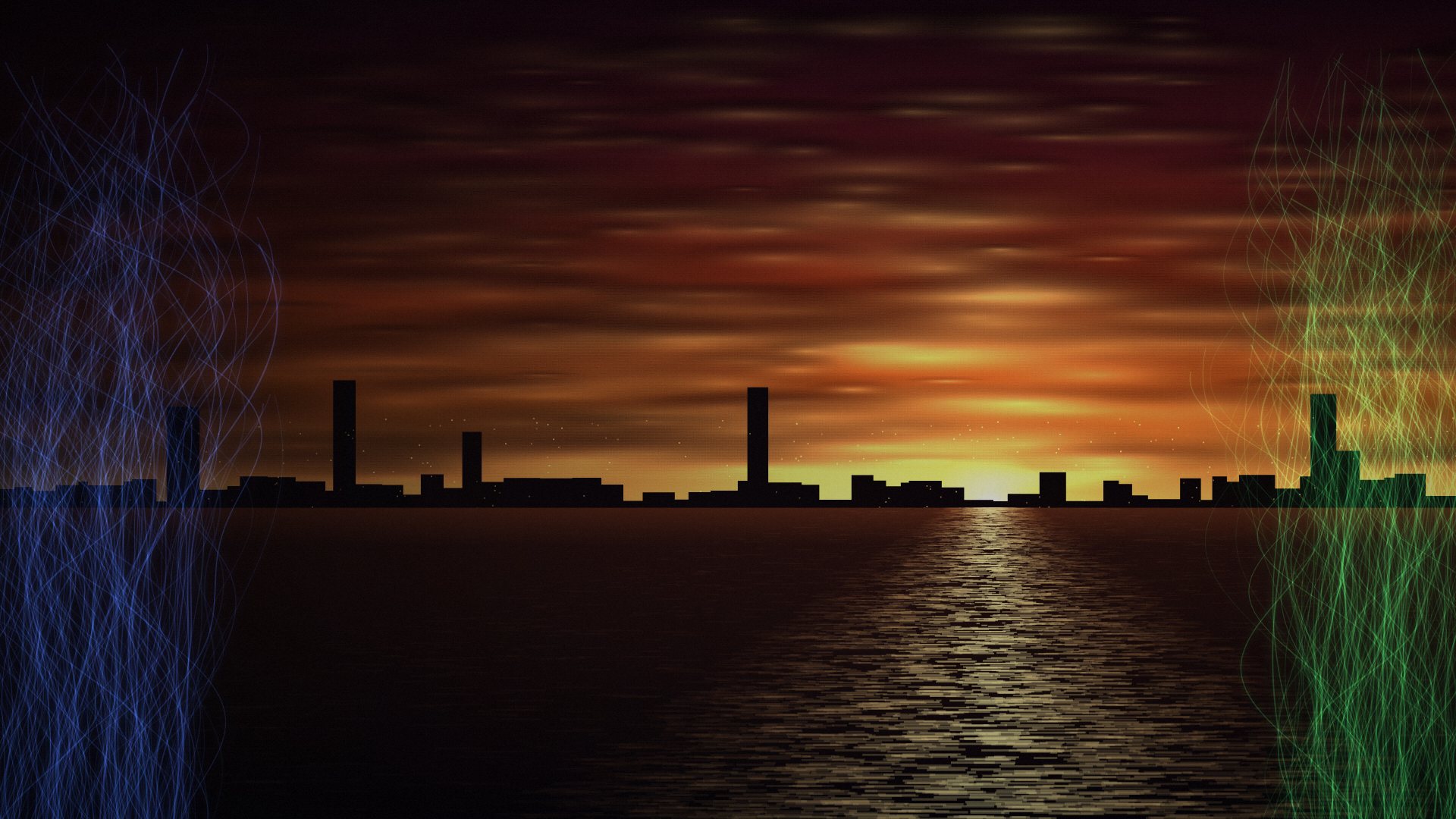 Sunset over the sea with blue and green flames – Fate on Fire